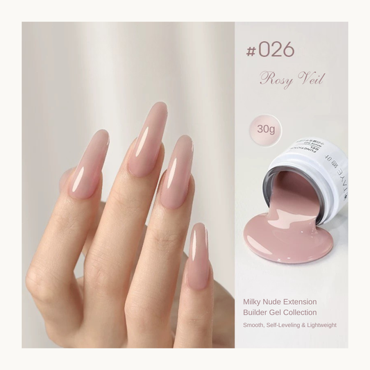 TAYE Milky Nude Builder Gel 026 Rosy Veil soft rosy nude builder gel for natural overlays, structured manicures, and salon-quality extensions.