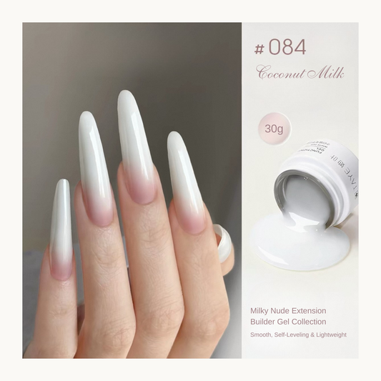 TAYE Milky Nude Builder Gel 084 Coconut Milk soft milky white self-leveling builder gel for elegant natural nail extensions.