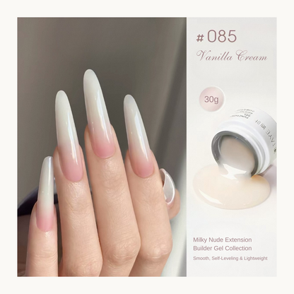TAYE Milky Nude Builder Gel 085 Vanilla Cream creamy white builder gel ideal for baby boomer nails, overlays, and extensions.