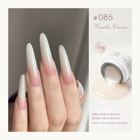 TAYE Milky Nude Builder Gel 085 Vanilla Cream creamy white builder gel ideal for baby boomer nails, overlays, and extensions.