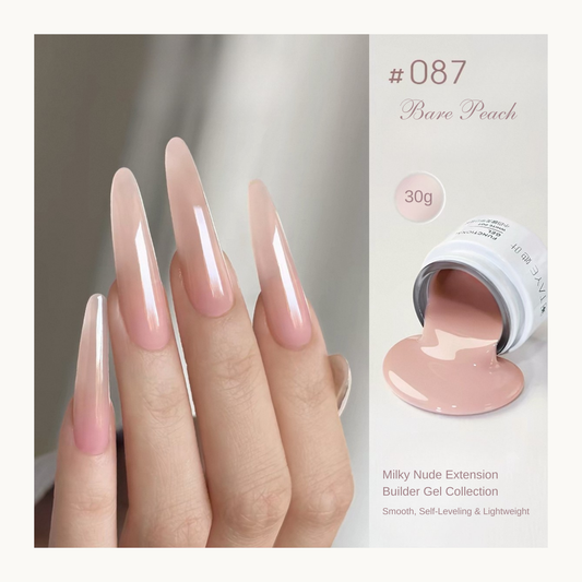 TAYE Milky Nude Builder Gel 087 Bare Peach soft peach pink builder gel with self-leveling formula for natural-looking nail extensions.