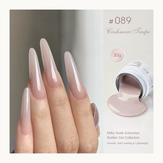TAYE Milky Nude Builder Gel 089 Cashmere Taupe self-leveling nude taupe builder gel for natural nail extensions and overlays.