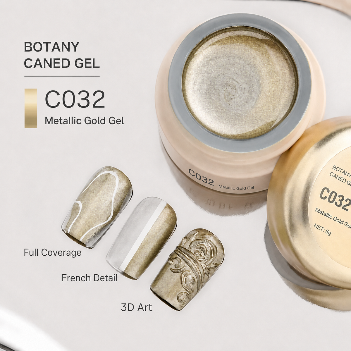 C032 metallic gold gel with full-coverage, French, and 3D nail samples