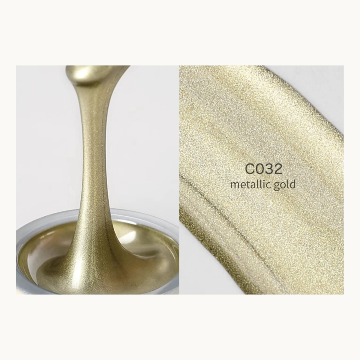 Close-up of C032 metallic gold gel texture and shimmer swatch