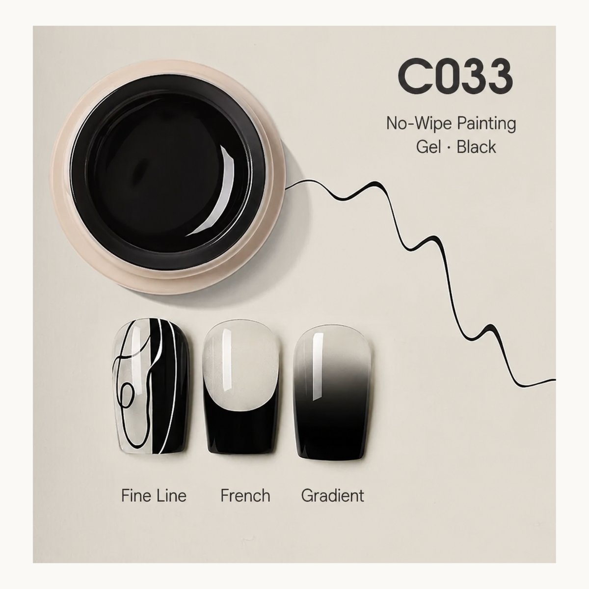 C033 black painting gel with fine-line, French, and gradient nail samples