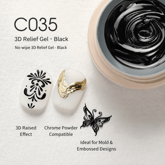 Black 3D relief gel jar with raised floral, butterfly, and gold nail art