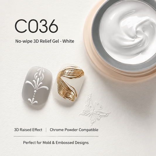 White 3D relief gel jar with raised floral and gold nail art