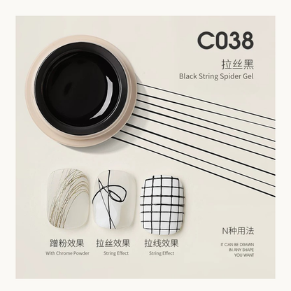 TAYE C038 Black Spider Gel nail art string gel for precise line drawing, high stretch formula for modern grid and abstract designs, popular in North America salons