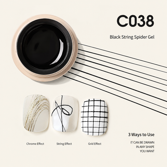 Black spider gel jar with line-art, grid, and chrome-effect nail swatches