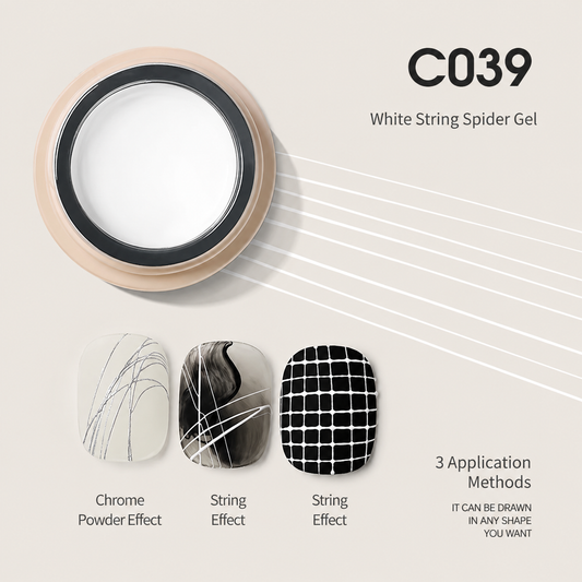 White spider gel jar with string-effect and grid nail art swatches
