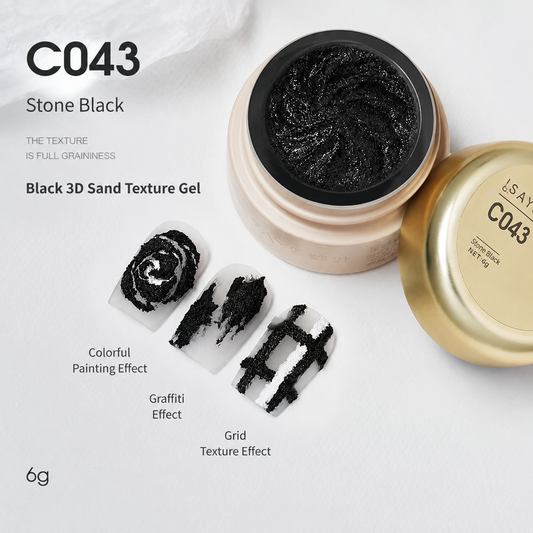 Black 3D sand texture gel jar with painting, graffiti, and grid swatches