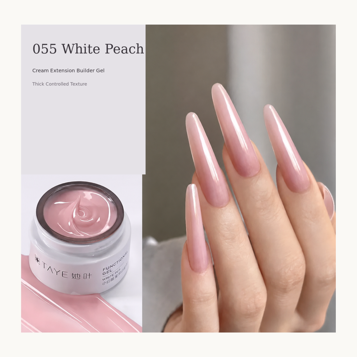 TAYE Creamy Builder Gel 055 White Peach shown in the jar and on long glossy soft peach-pink nail extensions.