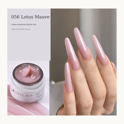 TAYE Creamy Builder Gel 056 Lotus Mauve shown in the jar and on long glossy mauve-pink structured nail extensions.