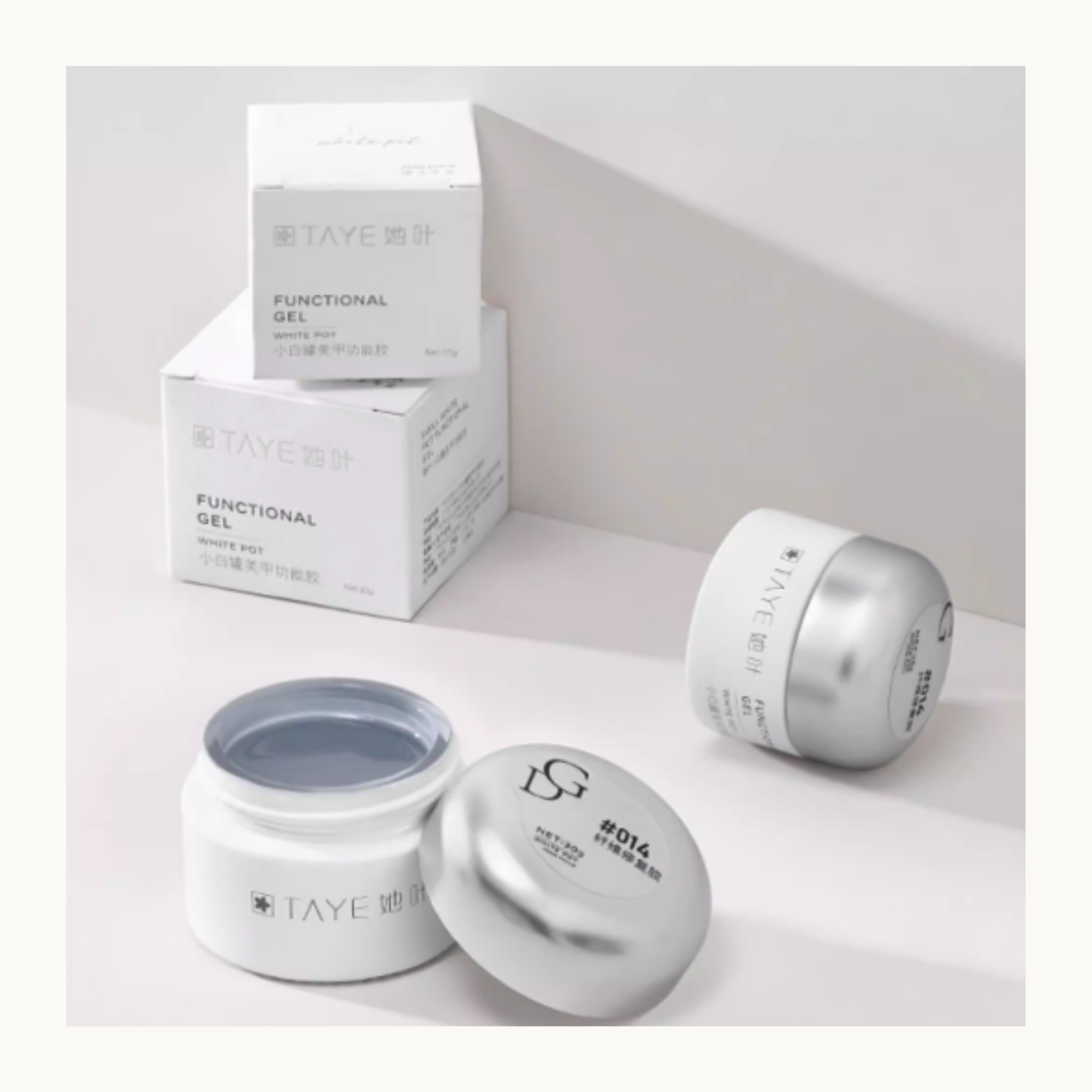 Professional TAYE functional nail gel collection featuring sleek white jar packaging and a close-up of the clear gel texture, designed for high-performance salon-grade manicures.