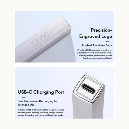 TAYE Hand Light 3.0 with CNC-engraved aluminum body and USB-C fast charging port for efficient nail curing