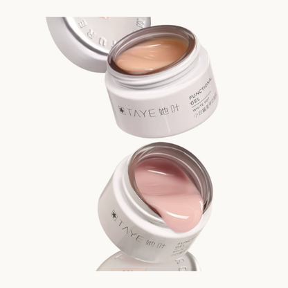 TAYE Milky Nude Builder Gel Collection featuring self-leveling professional builder gels in milky white, nude pink, peach, taupe, and clear shades for nail extensions and overlays.