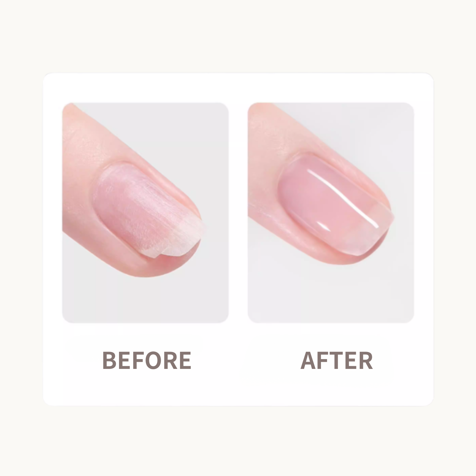 Before and after results using TAYE silk fiber repair gel on a cracked fingernail showing a strong, invisible fix.