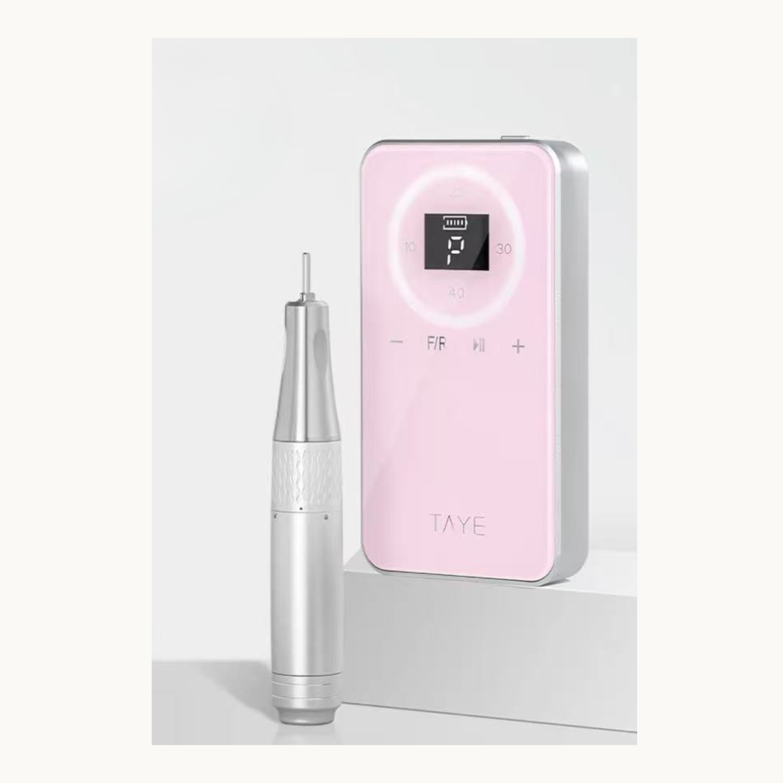 Pink TAYE P225 portable nail drill with metal handpiece for professional nail technicians and home use