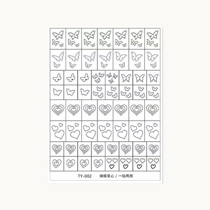 TAYE TY-002 butterfly and heart cut-out nail stencil sheet, reusable nail art sticker for gradient and transfer designs.