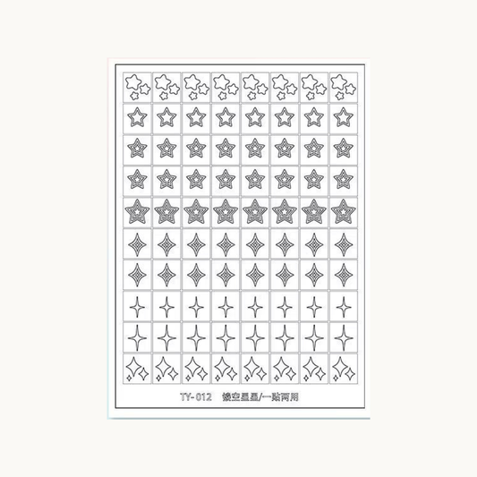 TAYE TY-012 star and sparkle cut-out nail stencil sheet, reusable sticker for celestial and twinkle nail art designs.