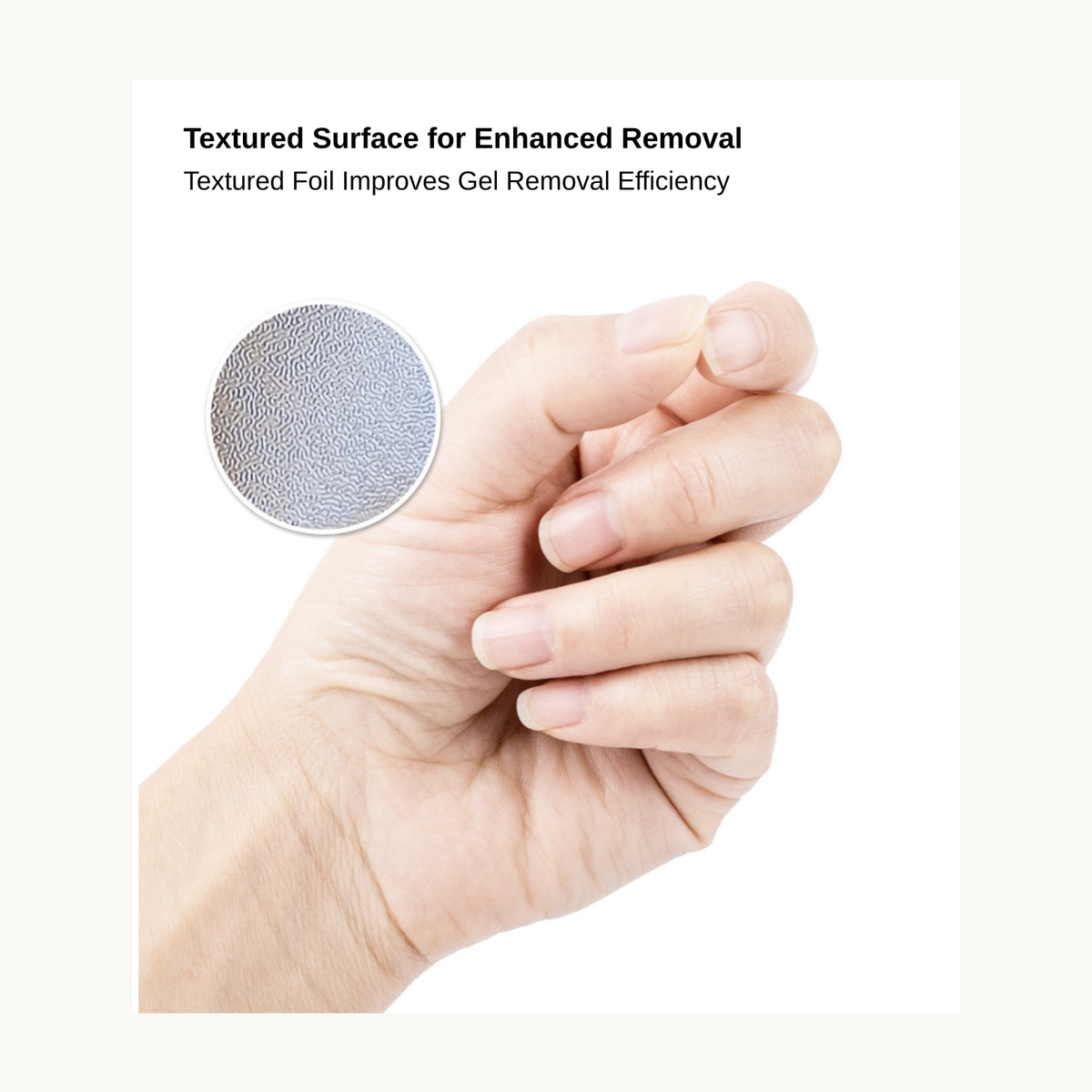 Textured nail foil wrap surface designed to improve gel polish removal efficiency
