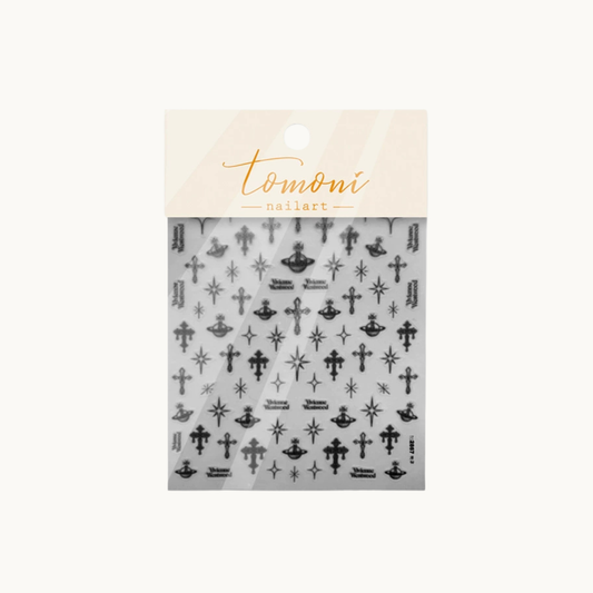Tomoni TO2867 black nail art stickers featuring celestial stars, planets, crosses inspired motifs.