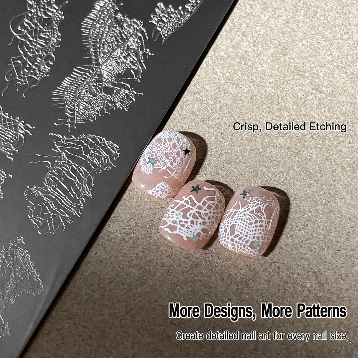 Vintage lace nail stamping plate with detailed lace nail art example