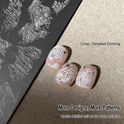 Vintage lace nail stamping plate with detailed lace nail art example