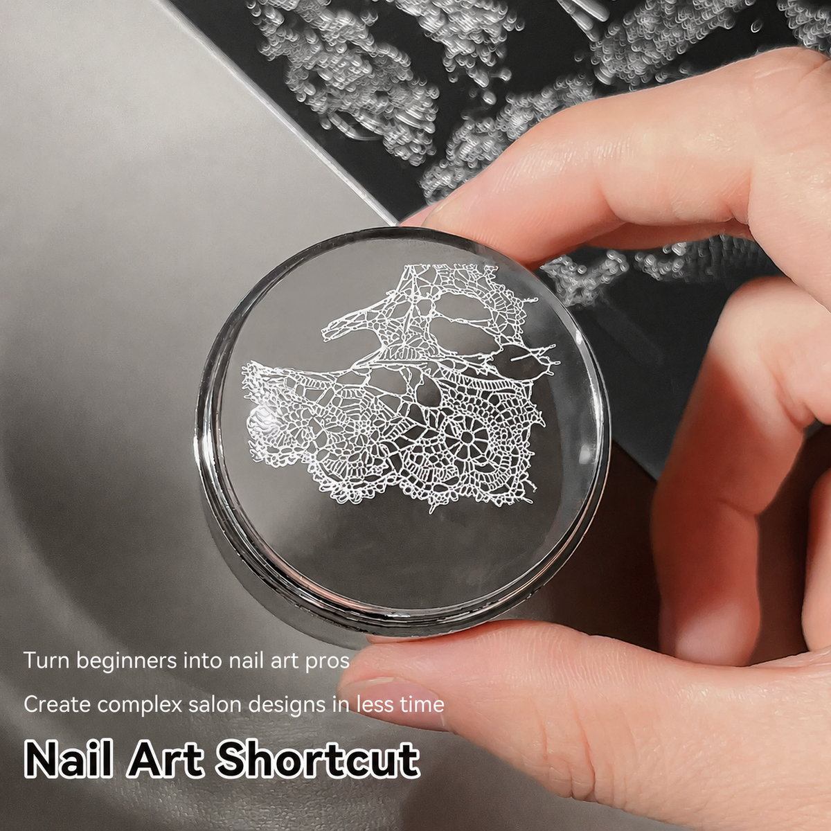 Vintage lace nail stamping plate design transferred with a clear stamper