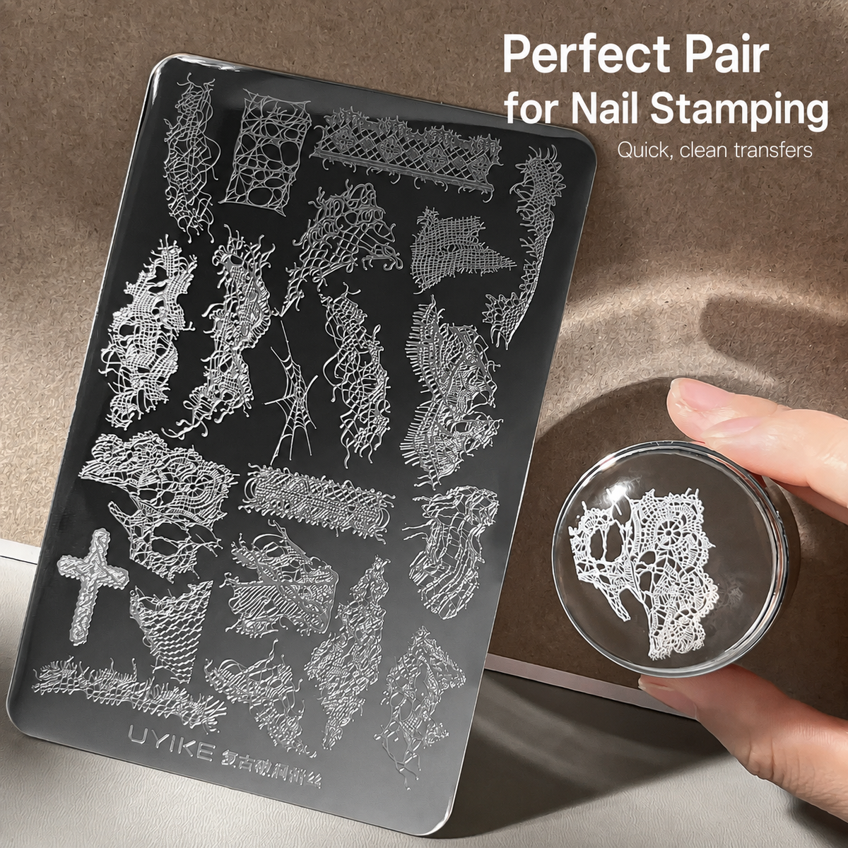Vintage lace nail stamping plate with clear stamper for clean transfers