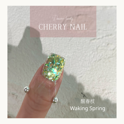 Waking Spring lime green holographic glitter for nails and makeup, shining with intense gold and emerald sparkles.
