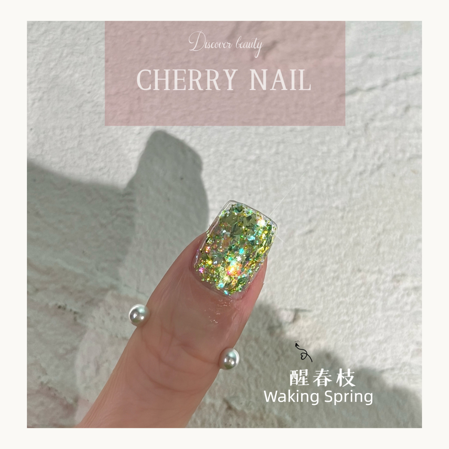 Macro shot of Waking Spring green glitter mix, ideal for spring-themed nail art and DIY resin crafts.