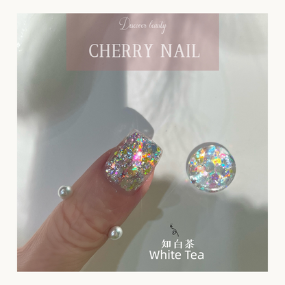 Detailed view of White Tea multi-colored sparkle glitter, versatile for nail tech professional use or body glitter.