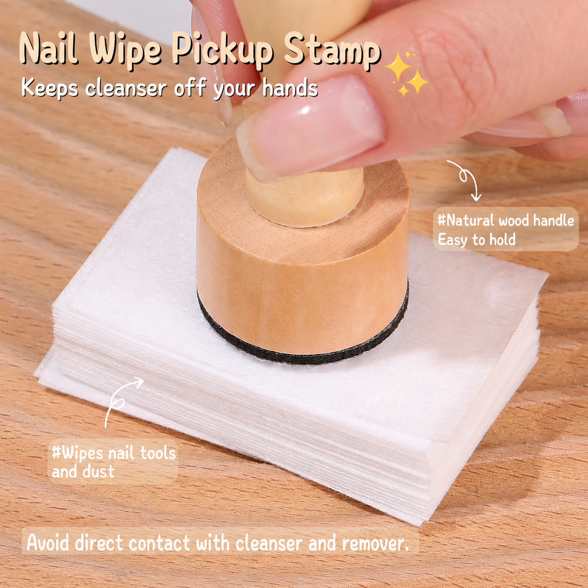 Wooden nail wipe pickup stamp pressed onto a nail wipe