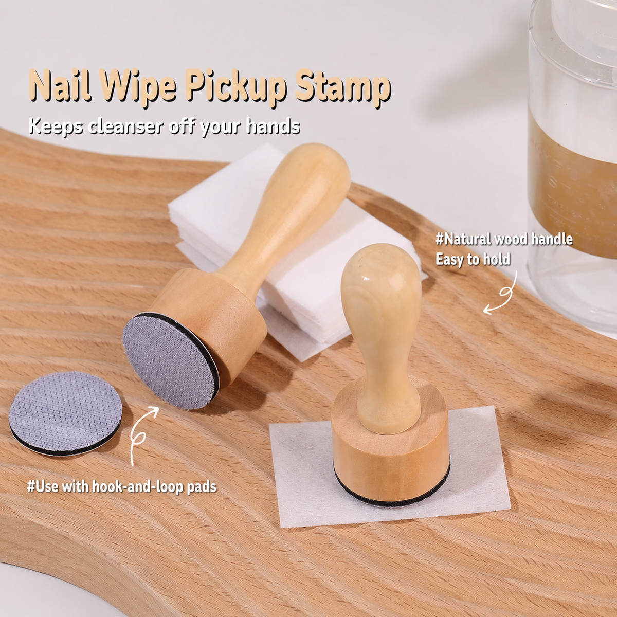 Wooden nail wipe pickup stamp with reusable hook-and-loop pads