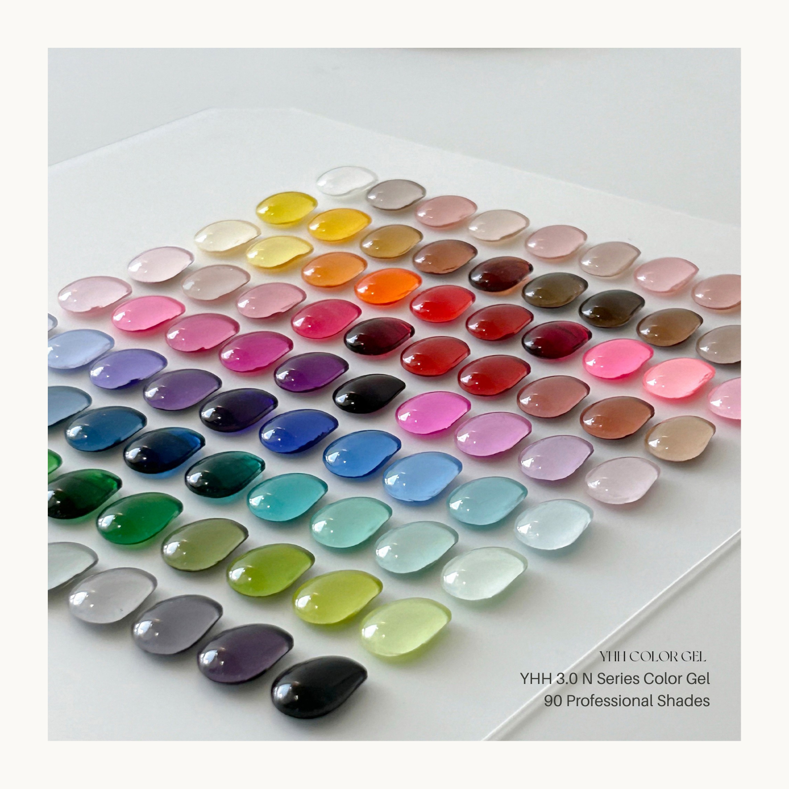 YHH 90 professional nail color gel swatches displaying full coverage pot gel shades for salon nail artists.

