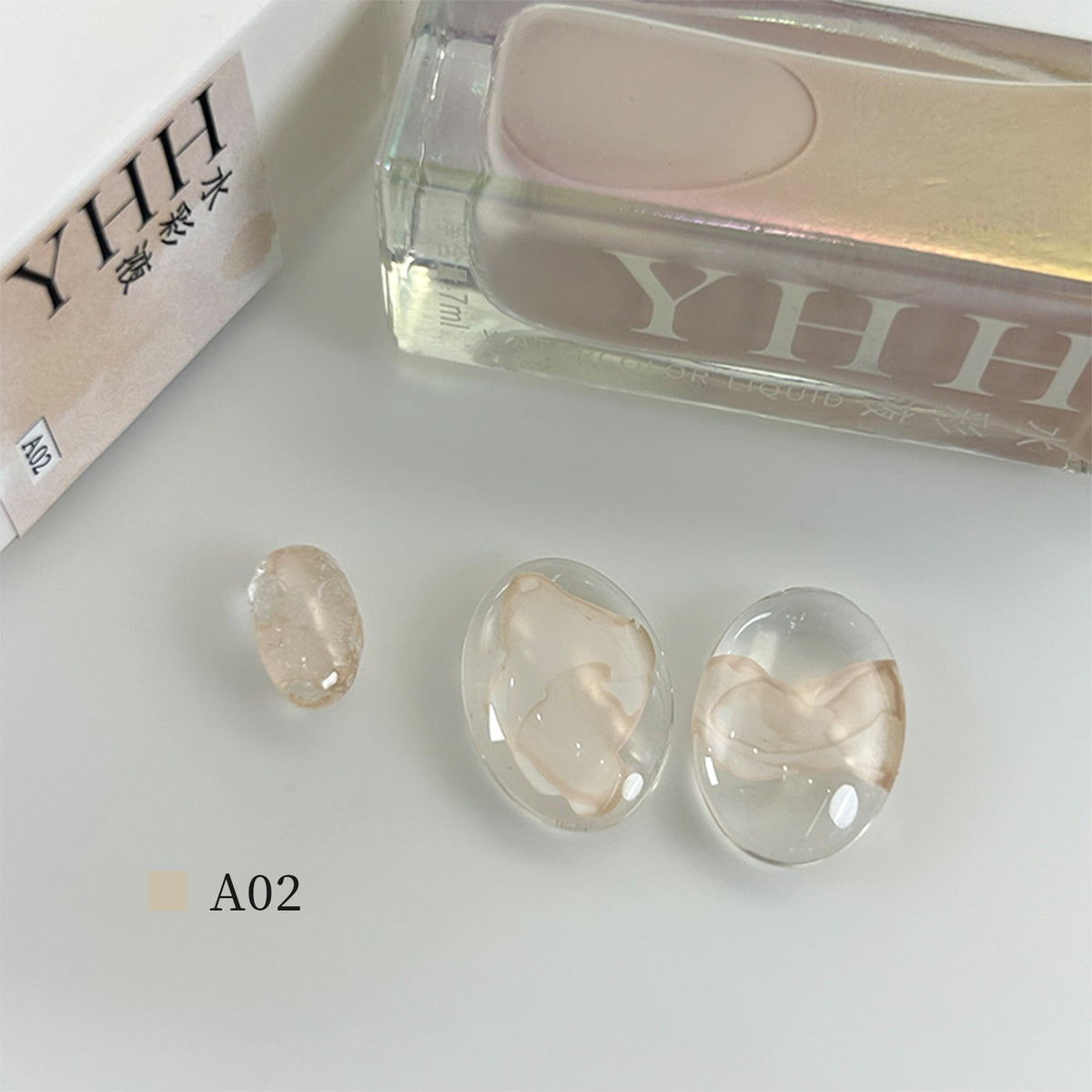 YHH blooming ink A02 light nude watercolor nail ink swatch, soft neutral shade for subtle blooming nail art