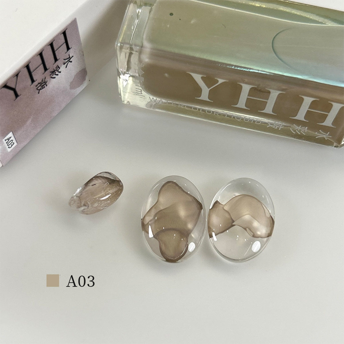 YHH blooming ink A03 taupe brown watercolor blooming nail ink swatch, muted neutral nail art shade
