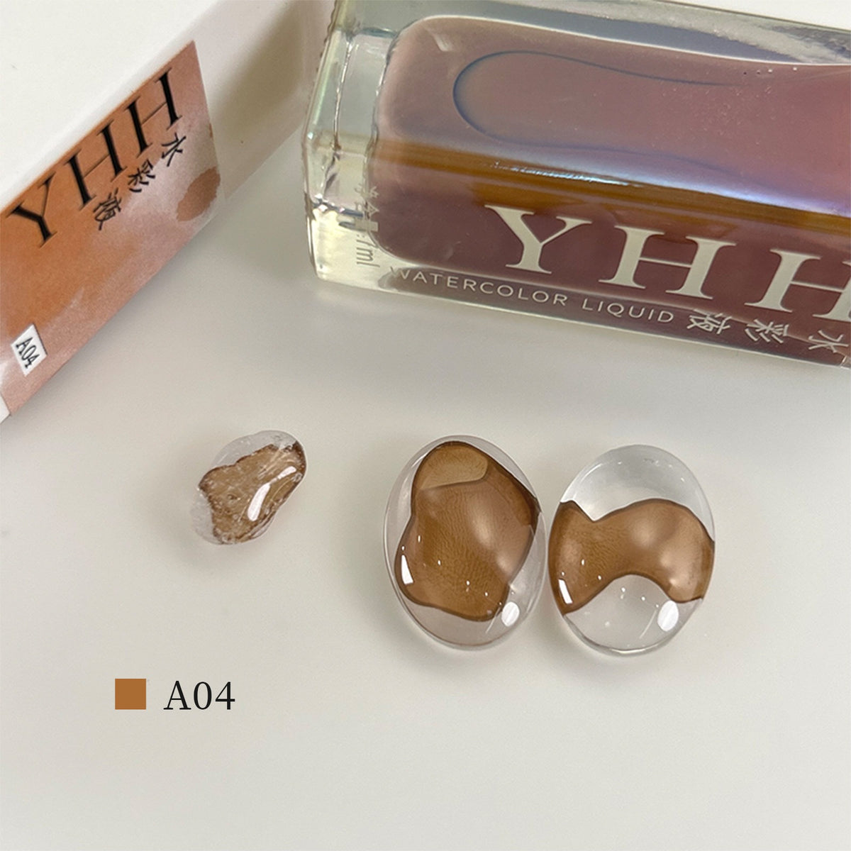 YHH blooming ink A04 caramel brown watercolor blooming nail ink swatch, warm earth tone nail art