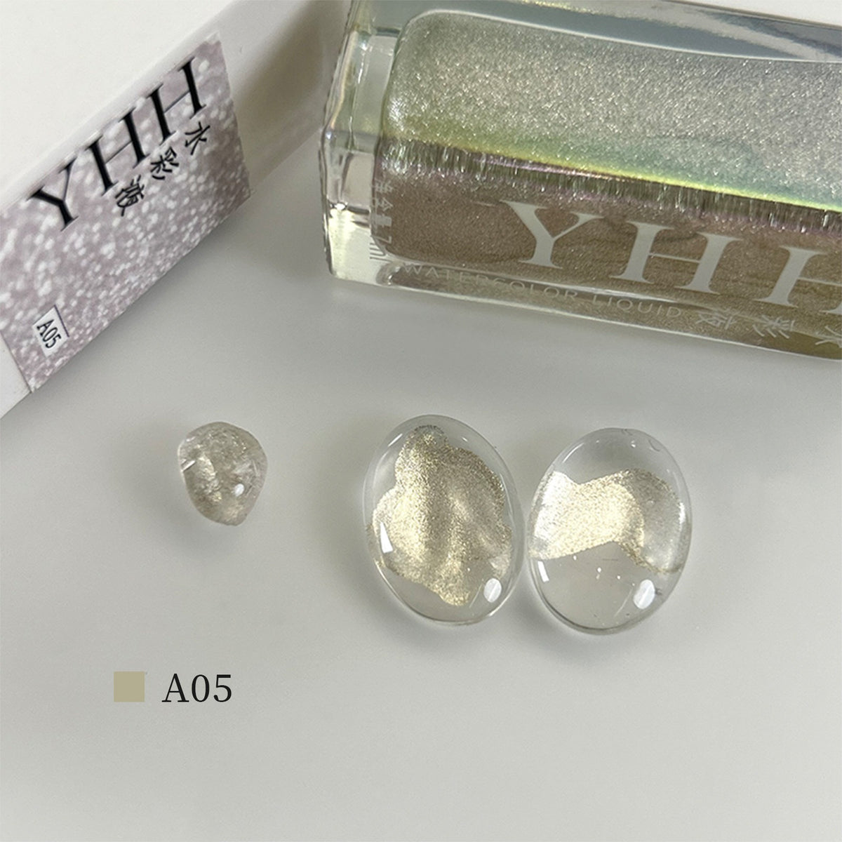 YHH blooming ink A05 silver metallic blooming nail ink swatch, shimmer silver watercolor nail art blooming effect