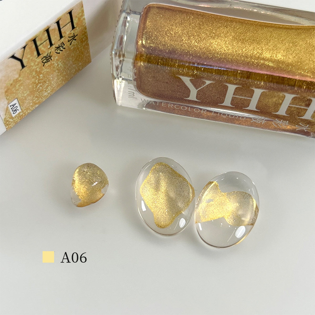 YHH blooming ink A06 gold metallic blooming nail ink swatch, shiny gold shimmer watercolor nail art