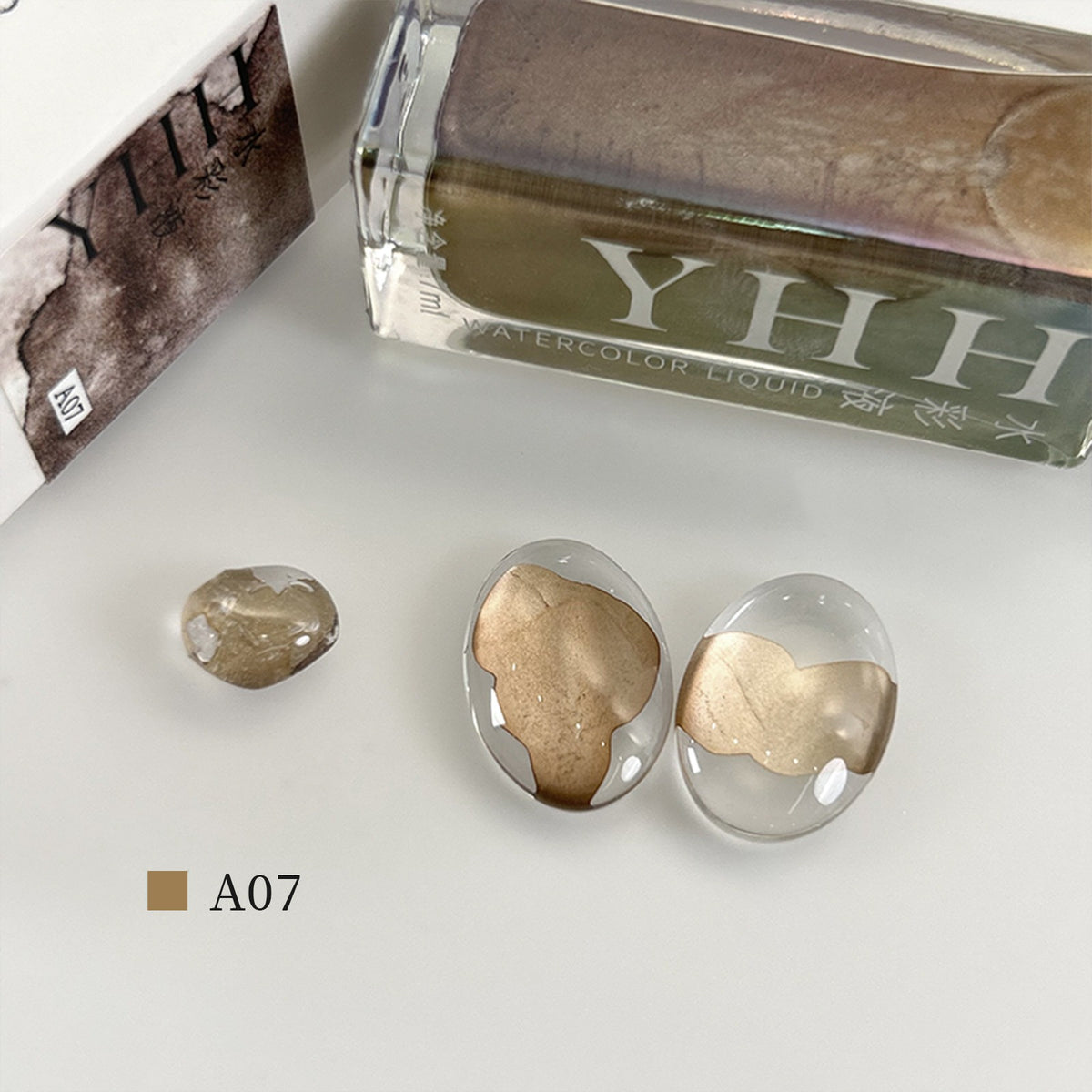 YHH blooming ink A07 soft beige watercolor nail ink swatch, gentle neutral blooming nail art shade