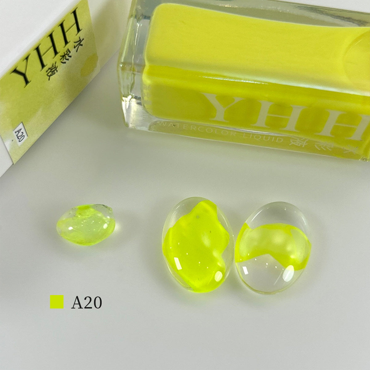 YHH blooming ink A20 fluorescent lemon yellow watercolor blooming nail ink swatch, eye-catching neon yellow nail art