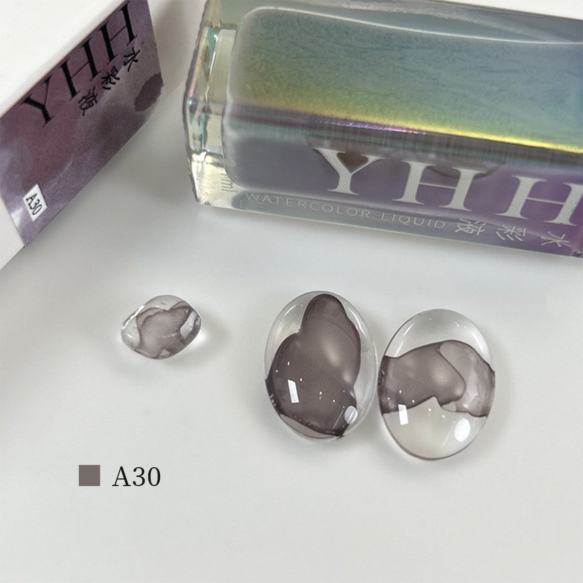 YHH blooming ink A30 cool taupe gray watercolor blooming nail ink swatch, neutral cool grey brown nail shade