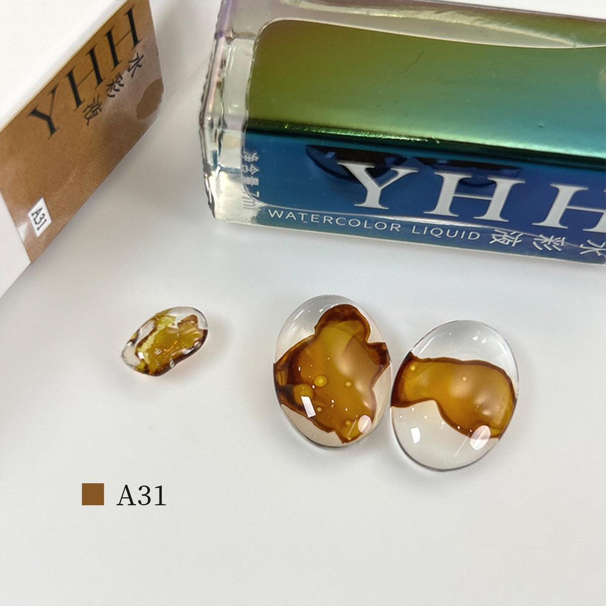 YHH blooming ink A31 caramel amber brown watercolor nail ink swatch, warm translucent caramel blooming shade