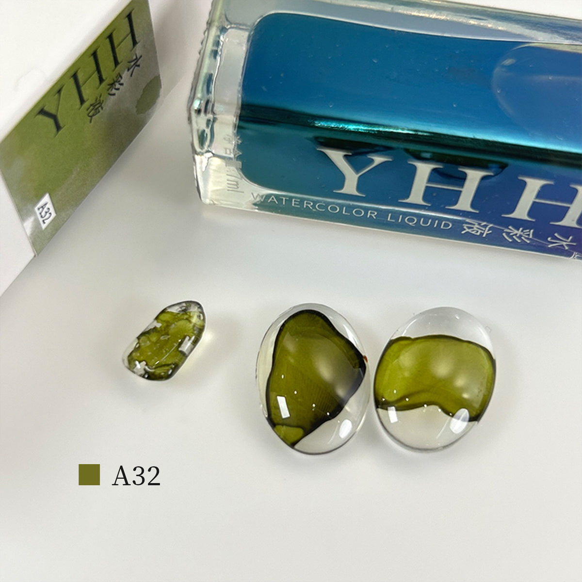 YHH blooming ink A32 matcha olive green watercolor blooming nail ink swatch, muted matcha morandi green nail art