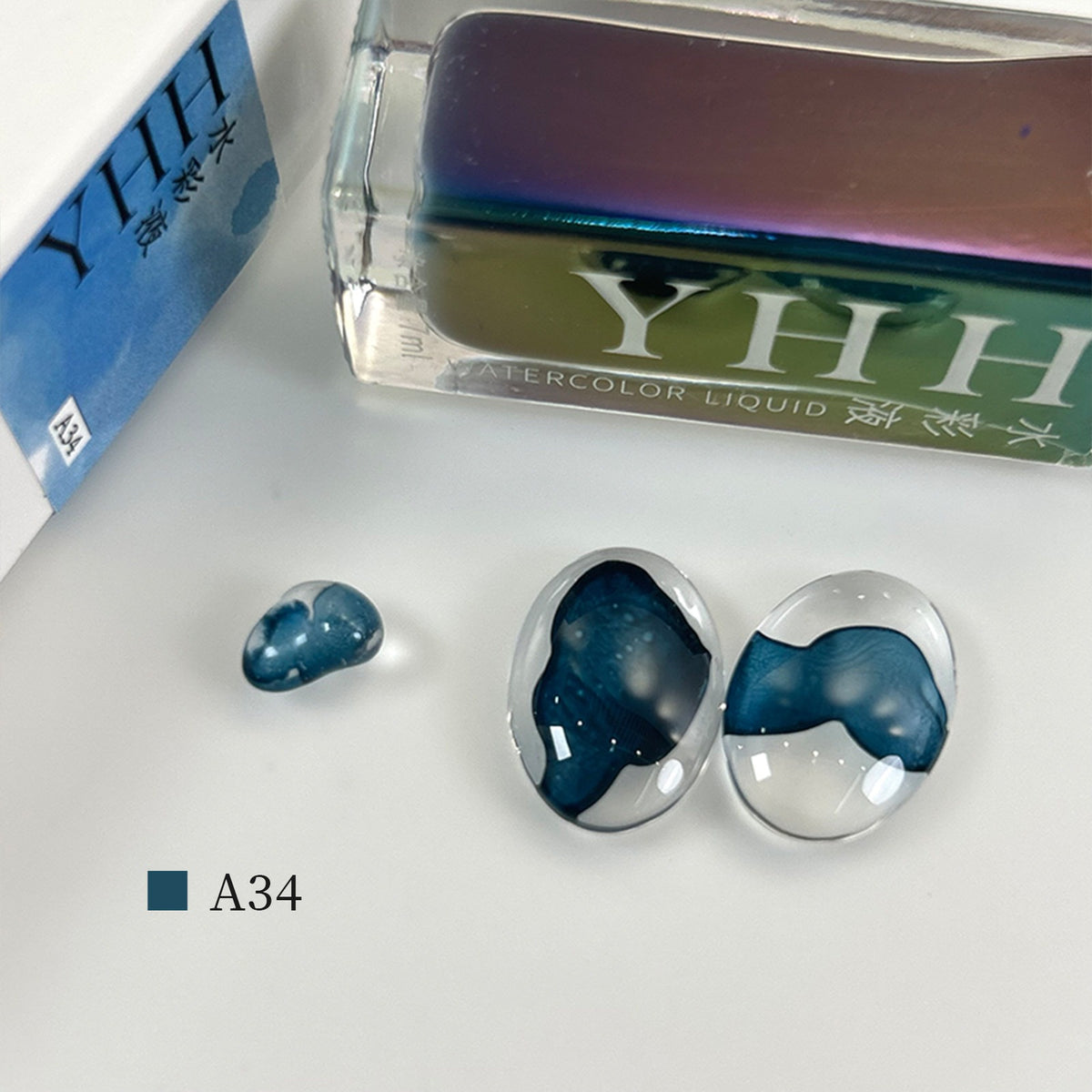 YHH blooming ink A34 deep ocean blue watercolor blooming nail ink swatch, rich dark blue translucent nail ink