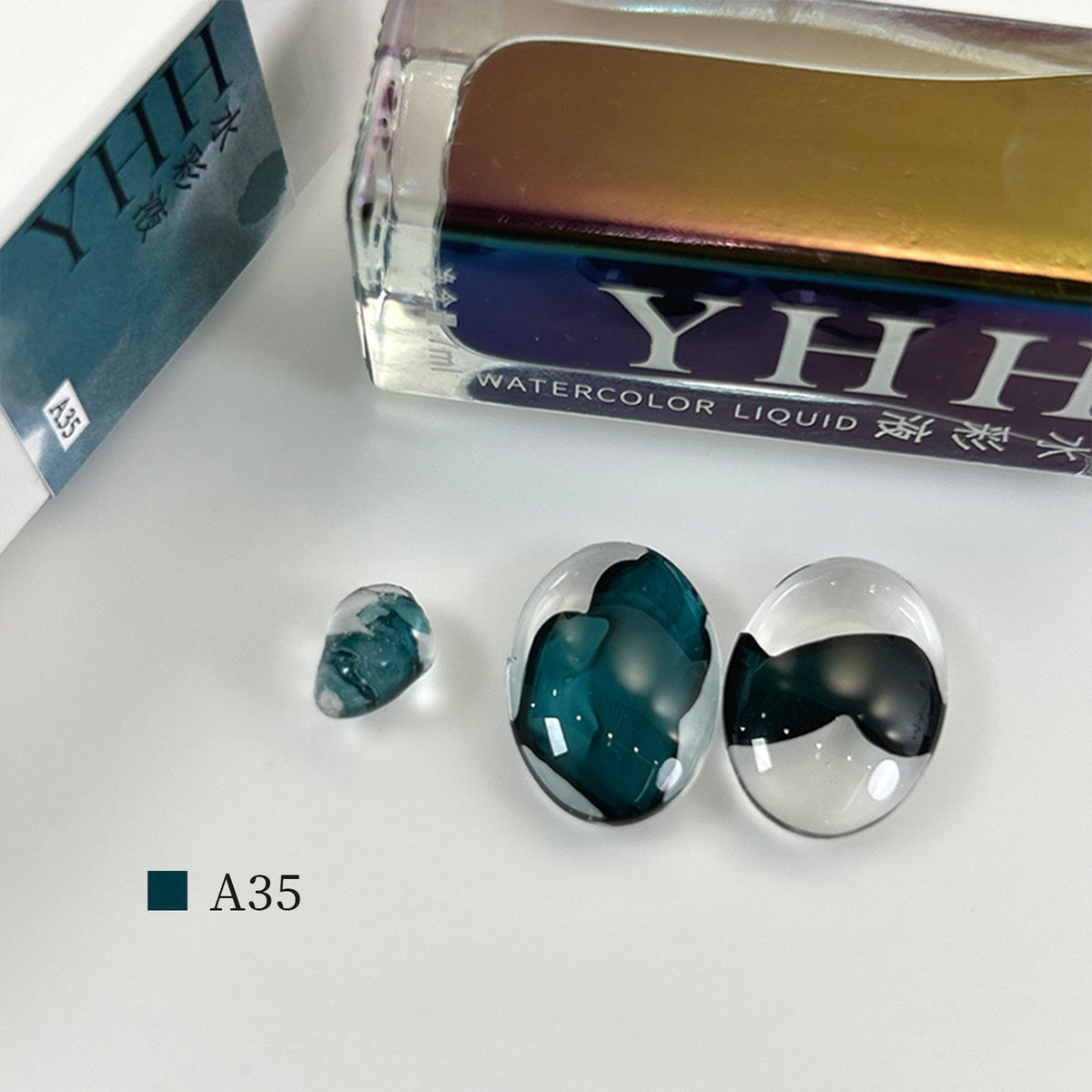 YHH blooming ink A35 smoky teal blue green watercolor nail ink swatch, muted smoky teal morandi shade