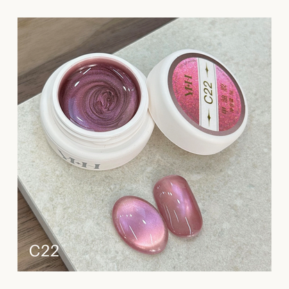 YHH C22 rose pink pearl cat eye gel, magnetic shimmer pot gel creating soft luminous nail art effect