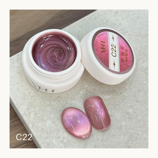 Rose Pink Pearl C22 cat-eye gel pot with two glossy nail swatches